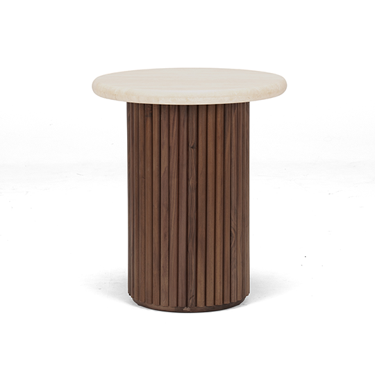 Rho Travertine Top Walnut Base Round Side Table 50cm